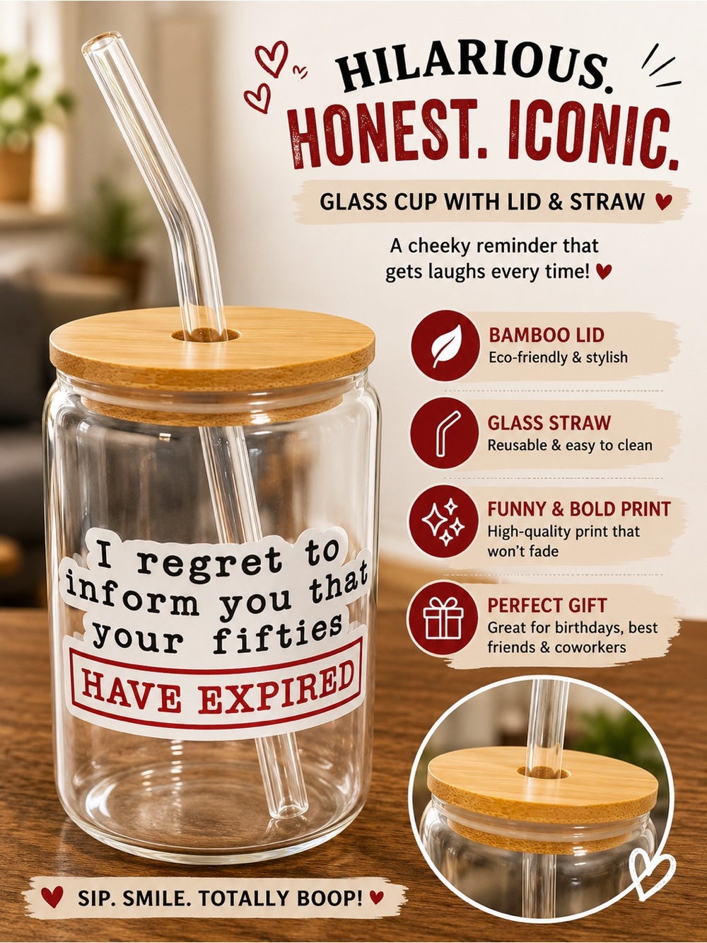 Hand Crafted Clear Glass Cup with Bamboo Lid and Straw - Red Accent Print